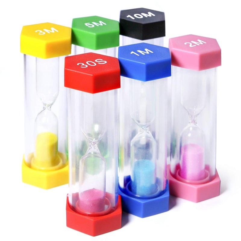 PROLOSO 6 Pcs Colorful Sand Timers Set Platic Sandglass Hourglass Sand Clock Timer 30sec/ 1min/ 2mins/ 3 Minutes/ 5 Minute/ 10mins for Kids Games Classroom Home Office Kitchen - Image 1